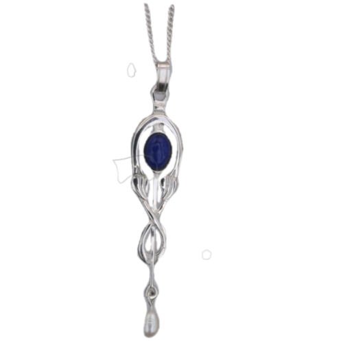 Image 1 of Art Nouveau Lapis Lazuli Pearl Drop Sterling Silver Pendant