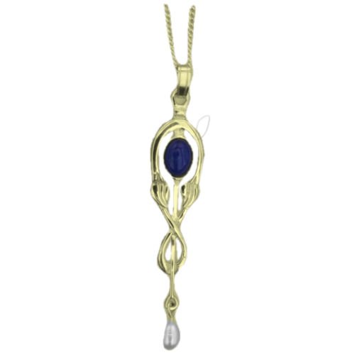 Image 1 of Art Nouveau Lapis Lazuli Pearl Drop 9K Yellow Gold Pendant