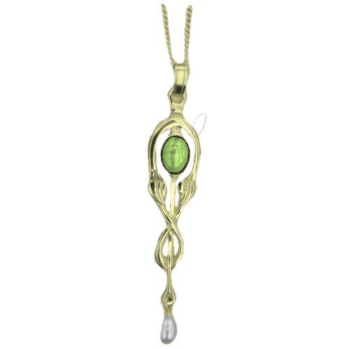 Image 1 of Art Nouveau Green Peridot Pearl Drop 9K Yellow Gold Pendant