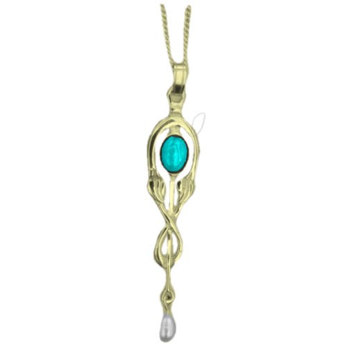 Image 1 of Art Nouveau Turquoise Pearl Drop 9K Yellow Gold Pendant