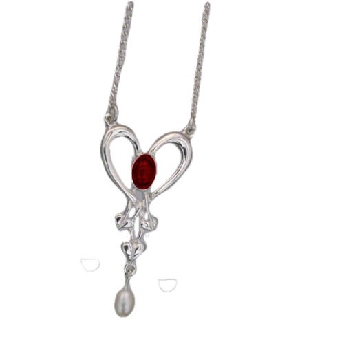 Image 1 of Art Nouveau Garnet Heart Pearl Sterling Silver Pendant