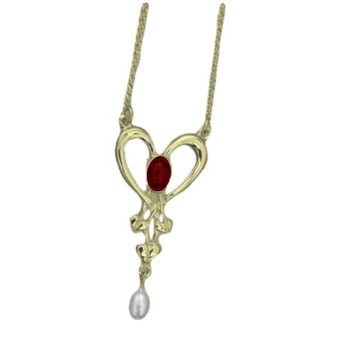 Image 1 of Art Nouveau Garnet Heart Pearl 9K Yellow Gold Pendant