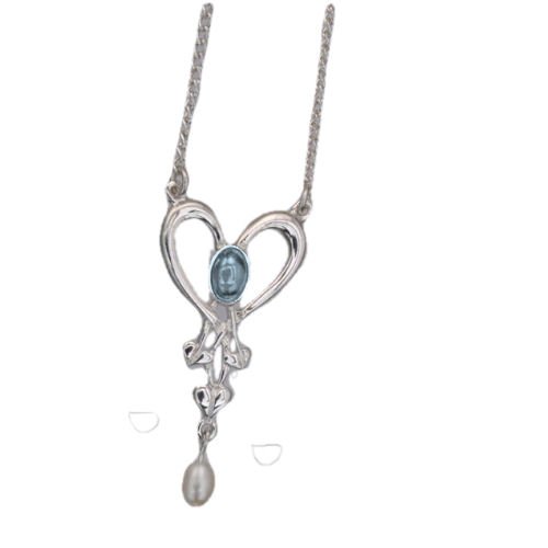 Image 1 of Art Nouveau Blue Moonstone Heart Pearl Sterling Silver Pendant