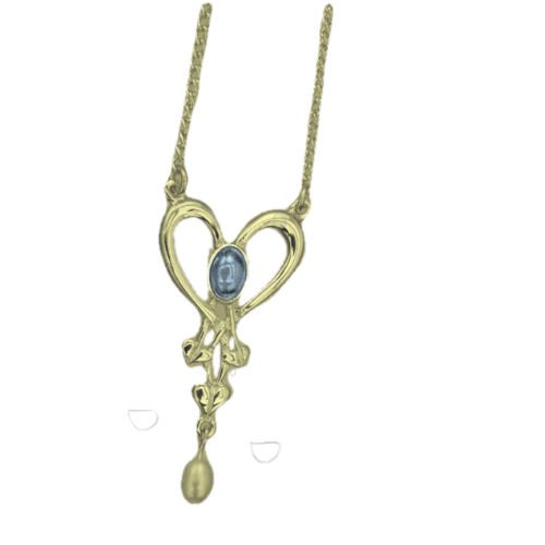 Image 1 of Art Nouveau Blue Moonstone Heart Pearl 9K Yellow Gold Pendant