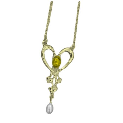 Image 1 of Art Nouveau Citrine Heart Pearl 9K Yellow Gold Pendant
