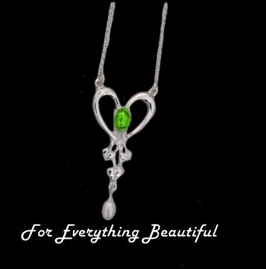 Image 0 of Art Nouveau Green Peridot Heart Pearl Sterling Silver Pendant