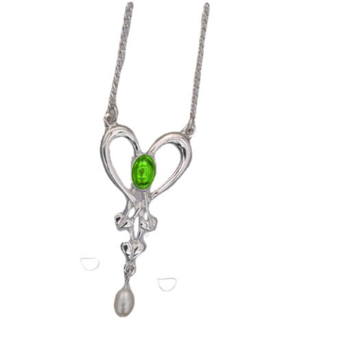 Image 1 of Art Nouveau Green Peridot Heart Pearl Sterling Silver Pendant