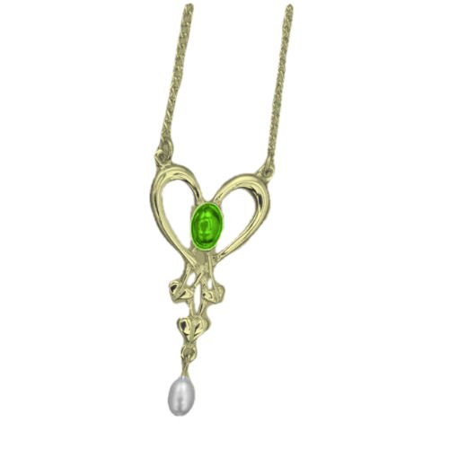 Image 1 of Art Nouveau Green Peridot Heart Pearl 9K Yellow Gold Pendant
