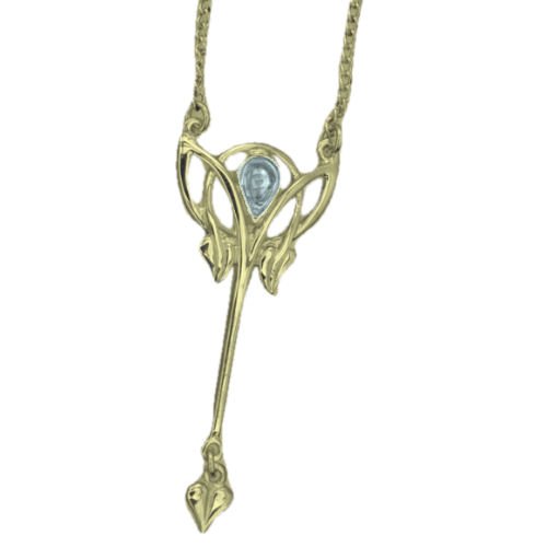 Image 1 of Art Nouveau Blue Moonstone Long Leaf Gold Pendant