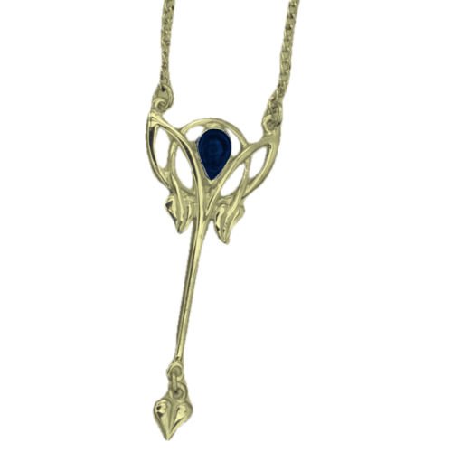 Image 1 of Art Nouveau Lapis Lazuli Long Leaf 9K Yellow Gold Pendant