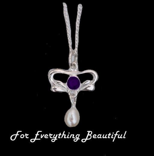 Image 0 of Art Nouveau Round Amethyst Pearl Sterling Silver Pendant
