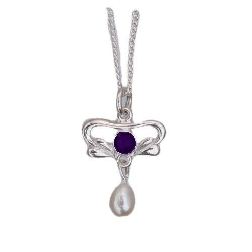 Image 1 of Art Nouveau Round Amethyst Pearl Sterling Silver Pendant