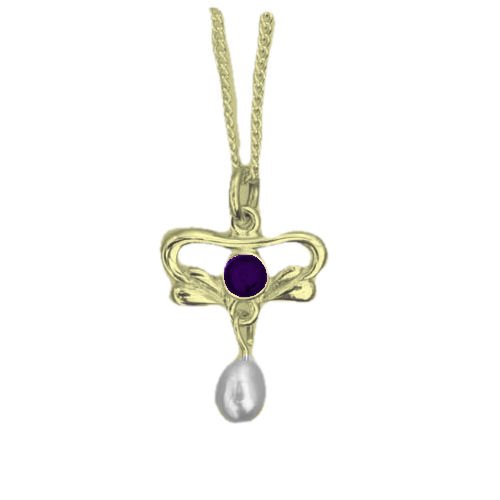 Image 1 of Art Nouveau Round Amethyst Pearl 9K Yellow Gold Pendant