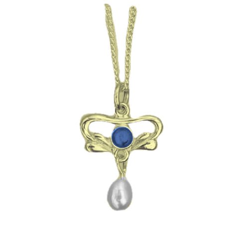 Image 1 of Art Nouveau Round Labradorite Pearl 9K Yellow Gold Pendant