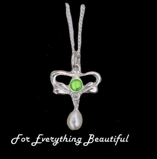 Image 0 of Art Nouveau Round Green Peridot Pearl Sterling Silver Pendant