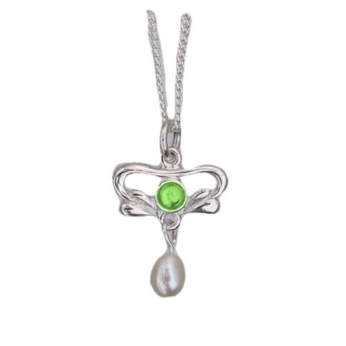 Image 1 of Art Nouveau Round Green Peridot Pearl Sterling Silver Pendant