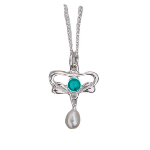 Image 1 of Art Nouveau Round Turquoise Pearl Sterling Silver Pendant