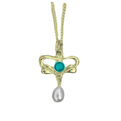 Image 1 of Art Nouveau Round Turquoise Pearl 9K Yellow Gold Pendant