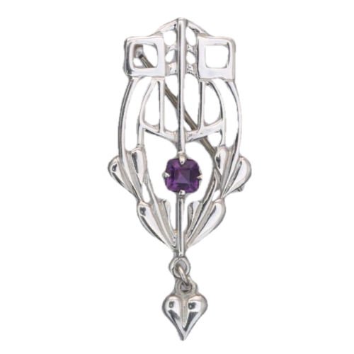 Image 1 of Art Deco Amethyst Oval Design Sterling Silver Brooch