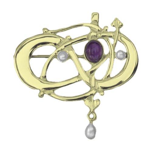 Image 1 of Art Nouveau Amethyst Pearl 9K Yellow Gold Brooch