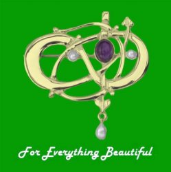 Art Nouveau Amethyst Pearl 9K Yellow Gold Brooch