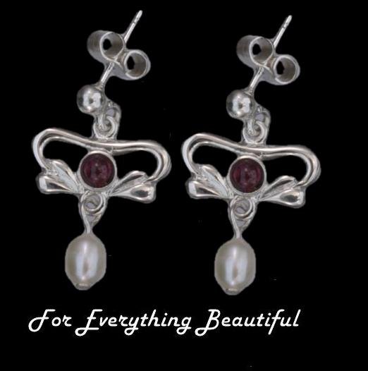 Image 0 of Art Nouveau Amethyst Pearl Sterling Silver Drop Earrings