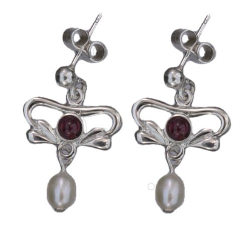 Image 1 of Art Nouveau Amethyst Pearl Sterling Silver Drop Earrings