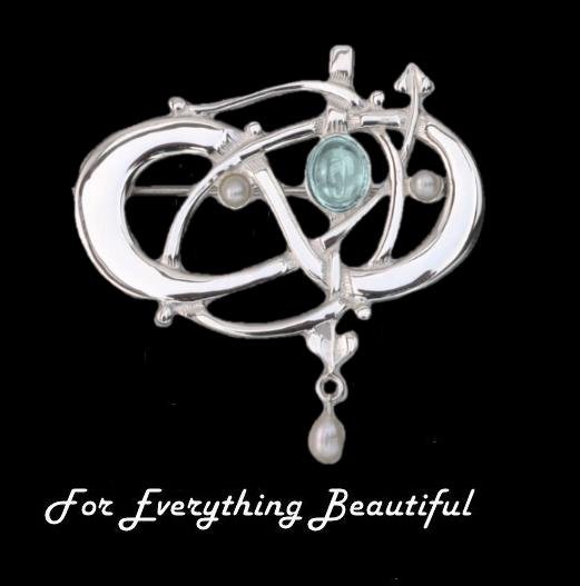 Image 0 of Art Nouveau Blue Moonstone Pearl Sterling Silver Brooch