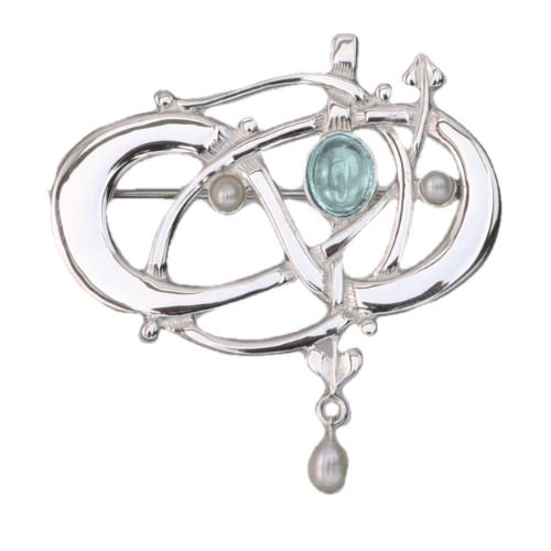 Image 1 of Art Nouveau Blue Moonstone Pearl Sterling Silver Brooch