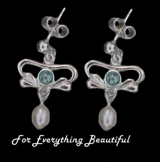 Image 0 of Art Nouveau Blue Moonstone Pearl Sterling Silver Earrings