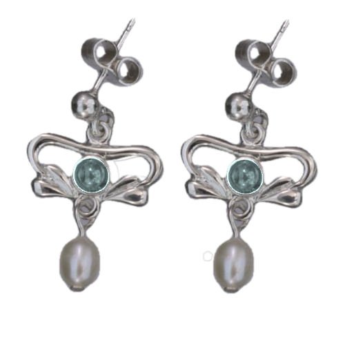 Image 1 of Art Nouveau Blue Moonstone Pearl Sterling Silver Earrings