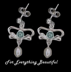 Art Nouveau Blue Moonstone Pearl Sterling Silver Earrings