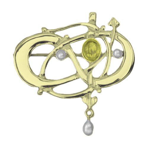 Image 1 of Art Nouveau Citrine Pearl 9K Yellow Gold Brooch
