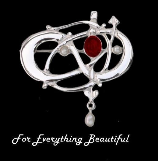 Image 0 of Art Nouveau Garnet Pearl Sterling Silver Brooch