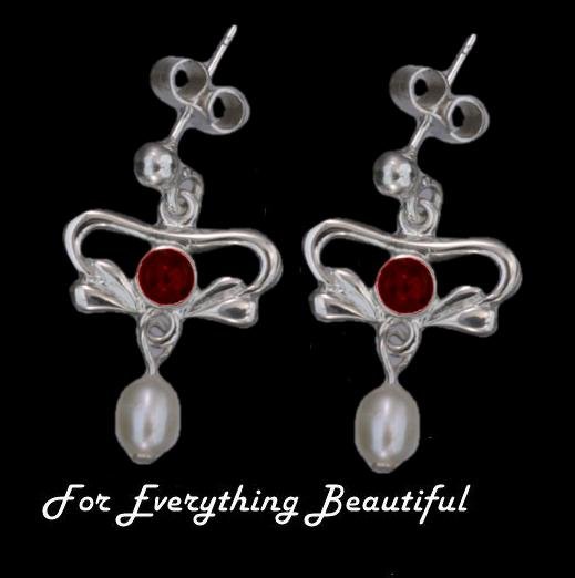 Image 0 of Art Nouveau Garnet Pearl Sterling Silver Drop Earrings