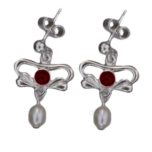 Image 1 of Art Nouveau Garnet Pearl Sterling Silver Drop Earrings