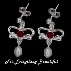 Art Nouveau Garnet Pearl Sterling Silver Drop Earrings