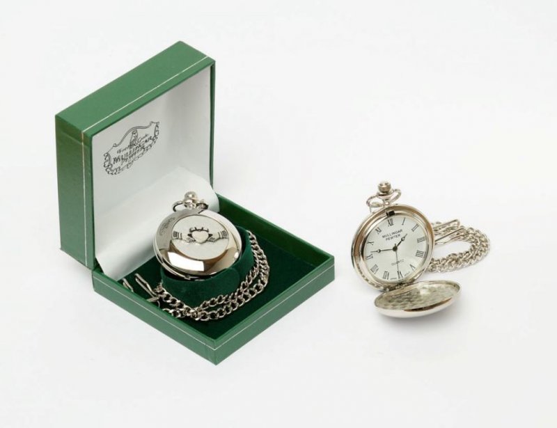 Image 1 of Claddagh Themed Round Shaped Chain Stylish Pewter Pocket Watch