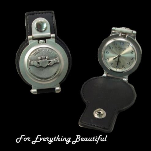Image 0 of Claddagh Pewter Motif Stainless Steel Leather Belt Pocket Watch