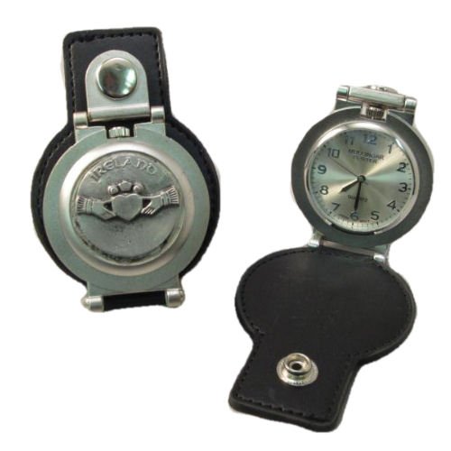 Image 1 of Claddagh Pewter Motif Stainless Steel Leather Belt Pocket Watch