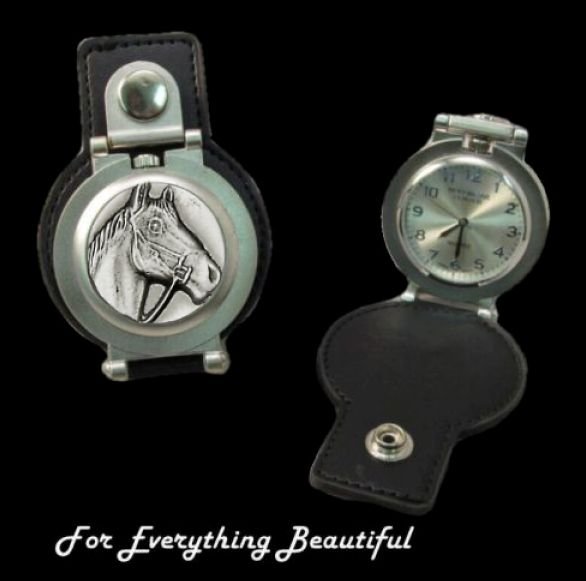 Image 0 of Horse Head Pewter Motif Stainless Steel Leather Belt Pocket Watch 