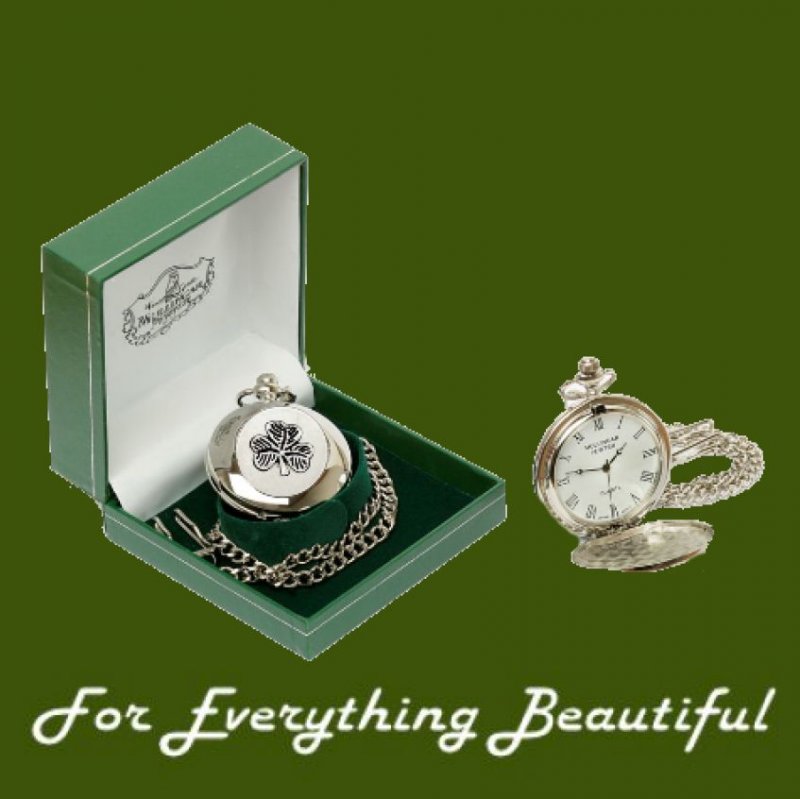 Image 0 of Shamrock Irish Themed Round Shaped Chain Stylish Pewter Pocket Watch
