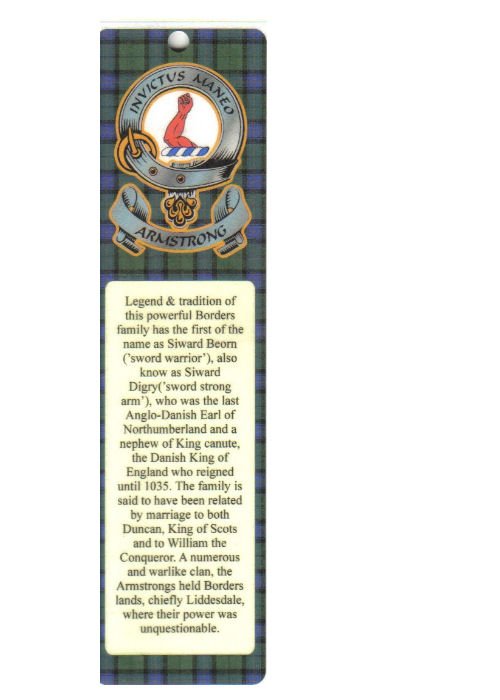 Image 1 of Armstrong Clan Badge Clan Armstrong Tartan Laminated Bookmark