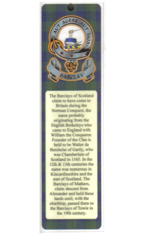 Image 1 of Barclay Clan Badge Clan Barclay Tartan Laminated Bookmark