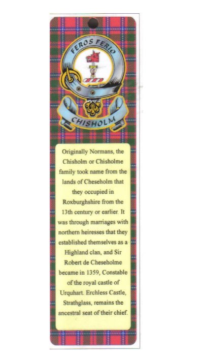 Image 1 of Chisholm Clan Badge Clan Chisholm Tartan Laminated Bookmarks Set of 2