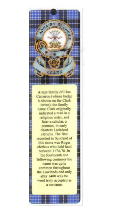 Image 1 of Clark Clan Badge Clan Clark Tartan Laminated Bookmarks Set of 2