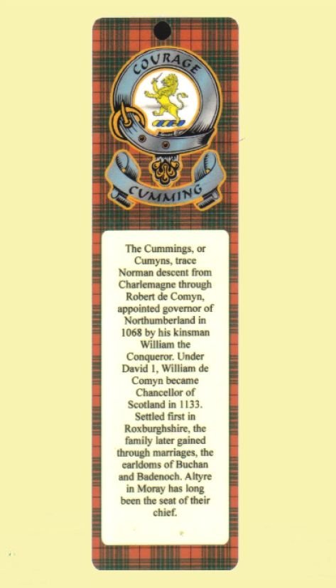 Image 0 of Cumming Clan Badge Clan Cumming Tartan Laminated Bookmarks Set of 2