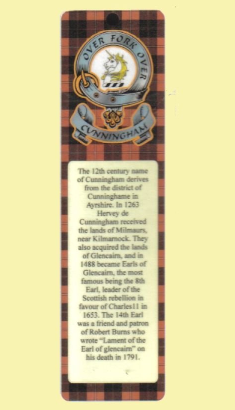 Image 0 of Cunningham Clan Badge Clan Cunningham Tartan Laminated Bookmark