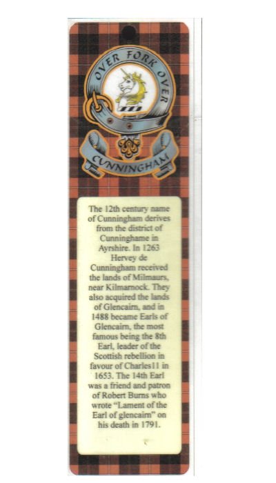 Image 1 of Cunningham Clan Badge Clan Cunningham Tartan Laminated Bookmarks Set of 2