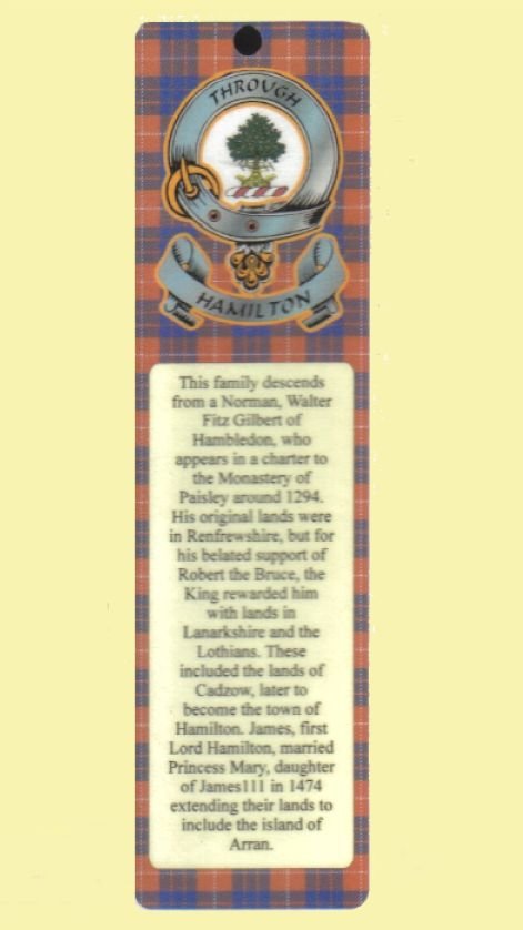 Image 0 of Hamilton Clan Badge Clan Hamilton Tartan Laminated Bookmark